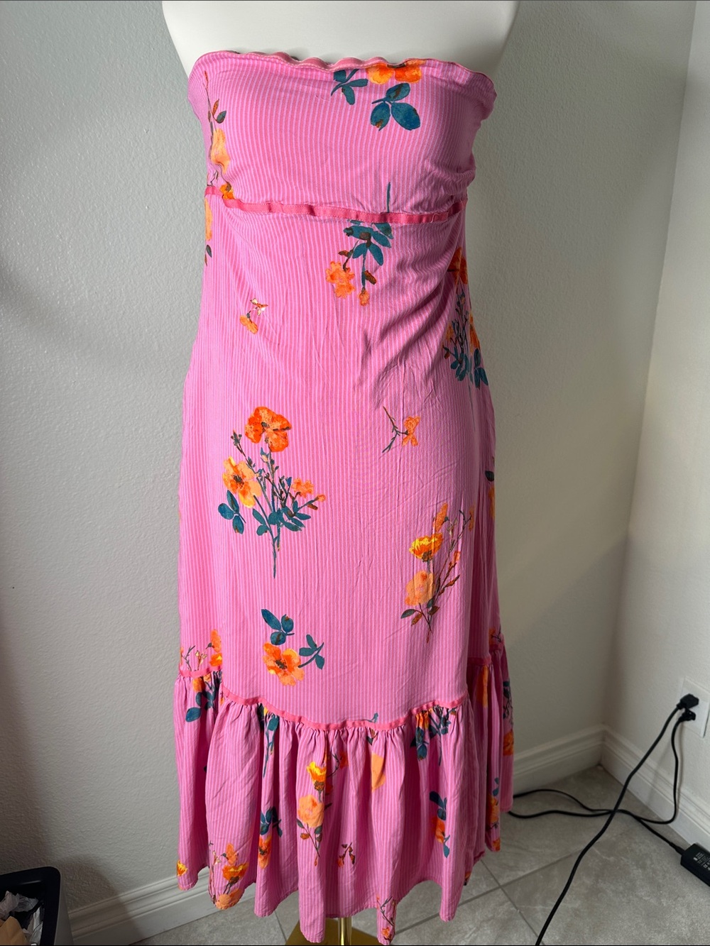 Free People Strapless Pink Floral Midi Dress